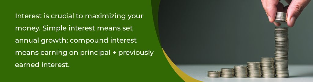 Interest in crucial to maximizing your money. Simple interst means set annual growth; compound interest means earning on principal + previously earned interest. 