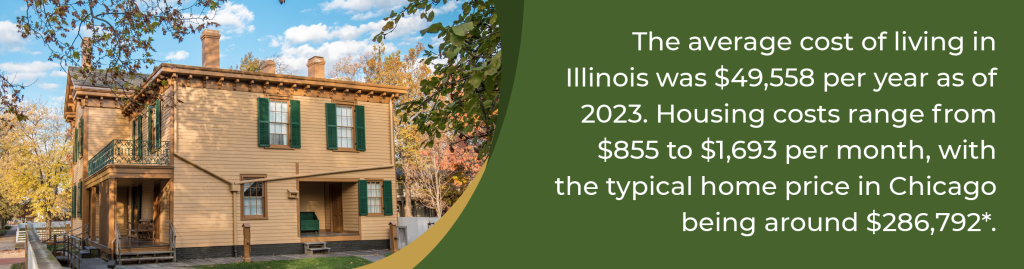 The average cost of living in Illinois was $49,558 per year as of 2023. Housing costs range from $855 to $1,693 per month, with the typical home price in Chicago being around $286,792.